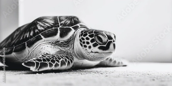 Obraz Black and white portrait, close-up of a sea turtle, turtle, caretta caretta, black and white background, Generative AI