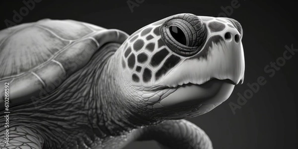 Obraz Black and white portrait, close-up of a sea turtle, turtle, caretta caretta, black and white background, Generative AI