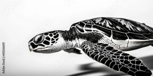 Obraz Black and white portrait, close-up of a sea turtle, turtle, caretta caretta, black and white background, Generative AI