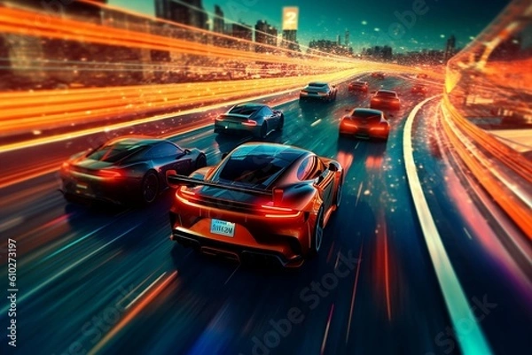 Fototapeta futuristic visualization of the a track with sports cars racing each other, future cars. Generative Ai