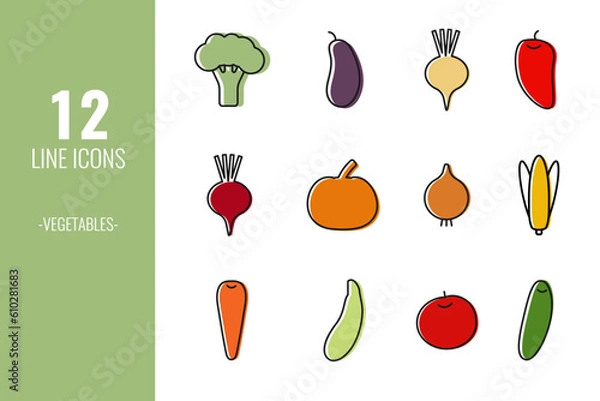 Fototapeta Food line icons set. Dark grey line with coloured silhouette. Vector illustration.