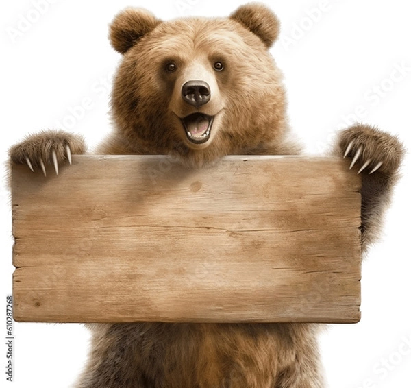 Fototapeta Smiling brown bear holding a blank sign, no background/transparent background