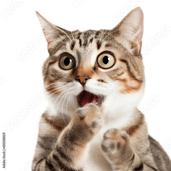Fototapeta Surprised cat covering its mouth with paws, no background/transparent background