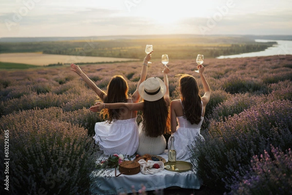 Fototapeta Girlfriends having picnic in the lavender field at sunset. Group of young women sitting on lavender field on summer day. Girlfriends drinking wine on outdoor party.	
