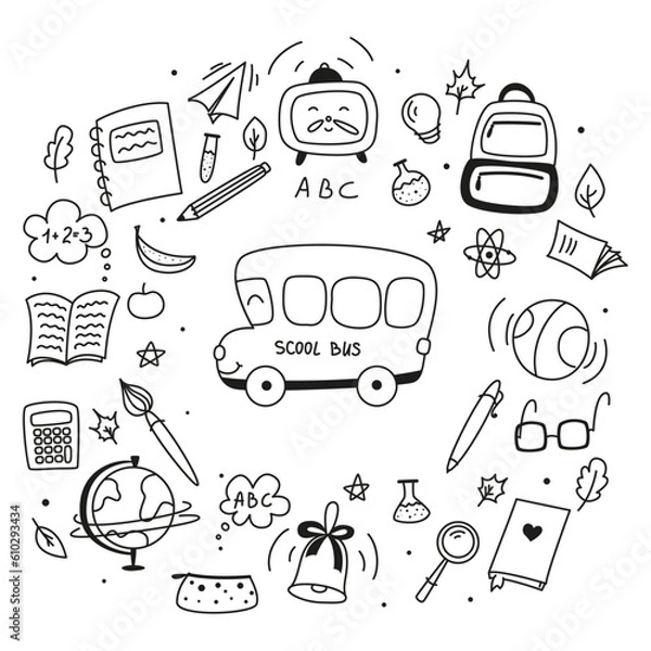 Fototapeta set of doodle elements for school, doodle school,  school theme, school doodles, inscription in a notebook, training, lessons, time for training, Set of school tools, set of education icons