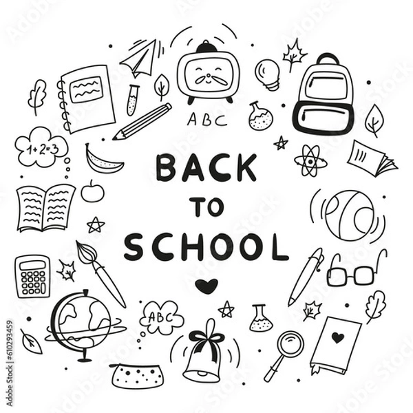 Fototapeta Background for school, school theme, school doodles, inscription in a notebook, training, lessons, time for training, Set of school tools, set of education icons, back to school	