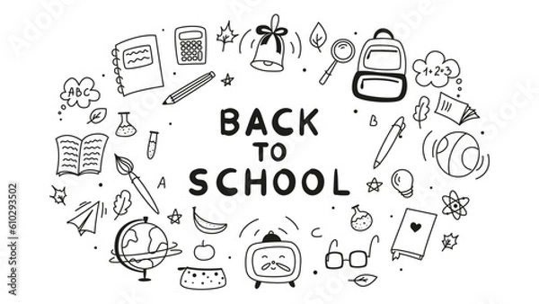 Fototapeta Background for school, school theme, school doodles, inscription in a notebook, training, lessons, time for training, Set of school tools, set of education icons, back to school	