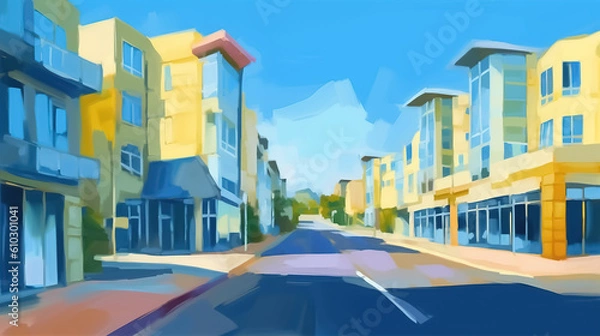 Obraz Modern American walkable neighbourhood street architectural illustration painting.  Generative AI