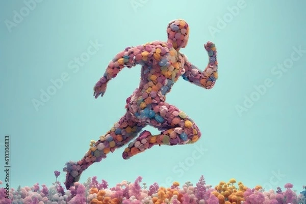 Fototapeta Human figure made of flowers, dancing and moving like in sports, Created with Generative AI tool