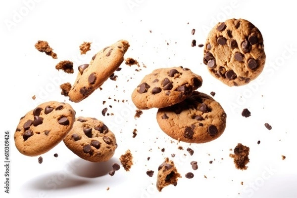 Fototapeta Chocolate chip cookies flying on a white background, isolate cookies for illustration. Generative AI