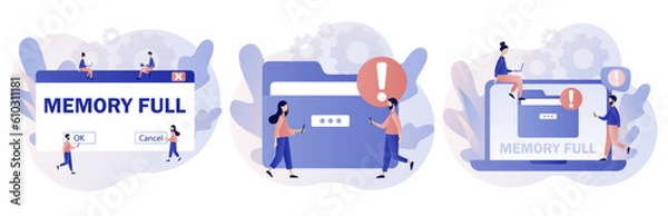 Fototapeta Memory space full notification. Cleaning mobile phone or computer memory or storage. Folder full. Modern flat cartoon style. Vector illustration on white background