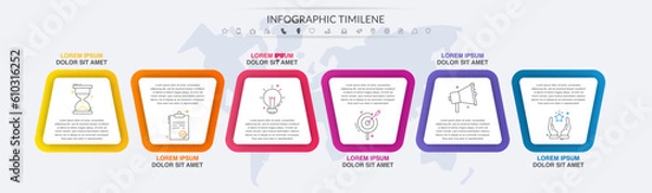 Fototapeta Vector infographics with 6 white quadrilaterals elements. Modern concept graphic process template with six steps. Timeline for the business project on white background for app, diagram, illustration