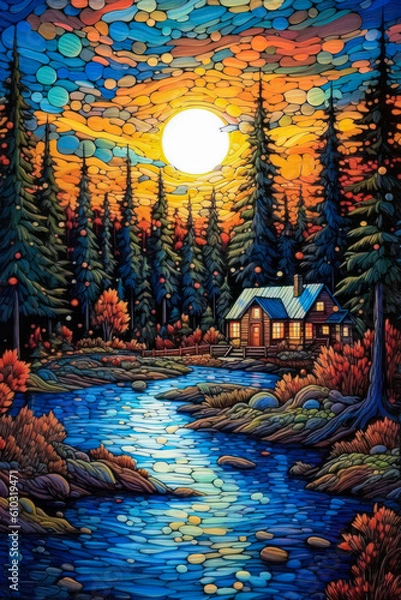 Fototapeta Stylized landscape, house on a river, swirling sky, background, colorful, painting. Generative AI