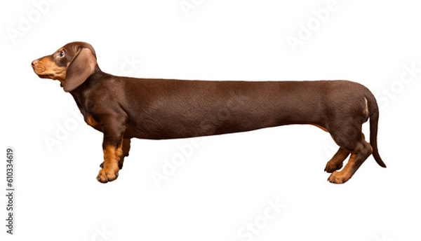 Fototapeta Extra long dachshund, manipulated image of a very Long Dachshund, studio shot. isolate on transparent background