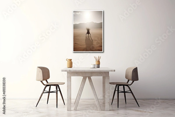 Fototapeta A table in front of a wall with a frame on it. Minimalistic interior design composition. Generative AI