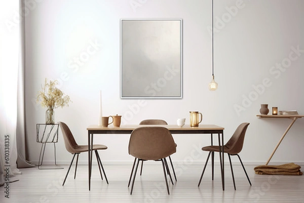 Fototapeta A table in front of a wall with a frame on it. Minimalistic interior design composition. Generative AI