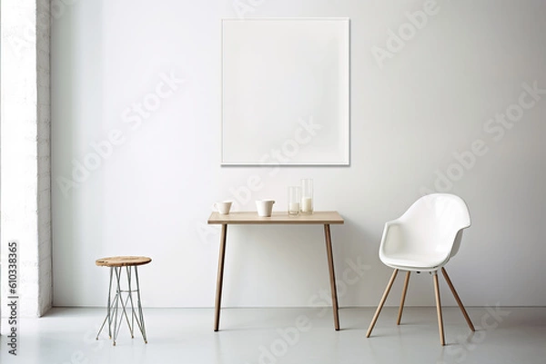 Fototapeta A table in front of a wall with a frame on it. Minimalistic interior design composition. Generative AI