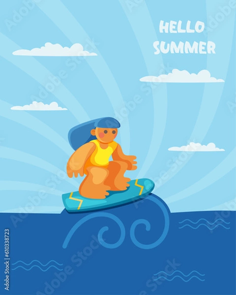 Obraz Girl surfing,  Hello summer illustration.  Cartoon hand drawn surfer character of standing on board. Vector