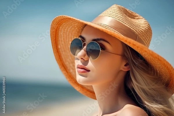 Fototapeta Beautiful young European woman in sunglasses and sun hat on the beach, AI generative content