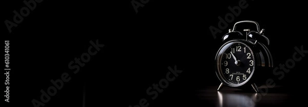 Fototapeta Horizontal banner of alarm clock on black background with place for text, copy space. Concept of time, deadline, time to work, morning, time management, morning routine schedule. Generative AI