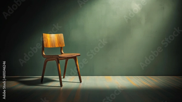 Fototapeta A chair standing infront of a minimalistic backround, dynamic lighting, polished and professional appearance