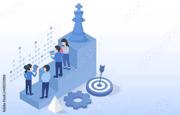 Fototapeta Business strategy concept. Business people meeting to discuss planning and thinking for business development and success. Isometric 3D vector design illustration with copy space.