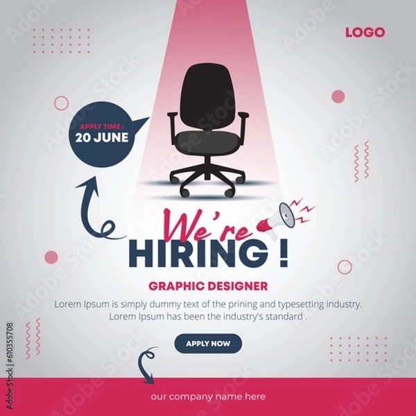 Fototapeta We are hiring social media post banner, join our team announcement lettering in speech bubble chat box vector illustration, Job Vacancy Advertisement Concept