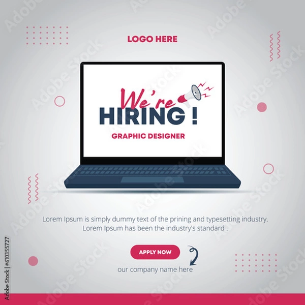 Fototapeta We are hiring social media post banner, join our team announcement lettering in speech bubble chat box vector illustration, Job Vacancy Advertisement Concept