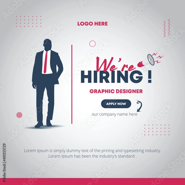 Fototapeta We are hiring social media post banner, join our team announcement lettering in speech bubble chat box vector illustration, Job Vacancy Advertisement Concept