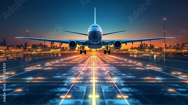 Obraz Airplane taking off from airport runway background, illustration for product presentation template, copy space. Ai generative