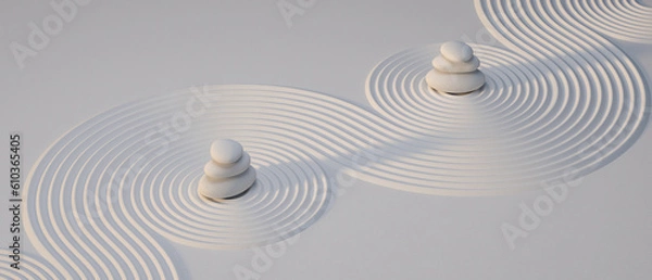 Fototapeta 3d japanese garden stone balance on sunset light background. 3d zen concept for product presentation. 3d rendering illustration.