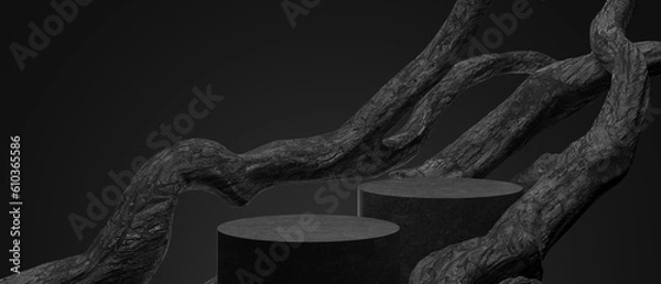 Fototapeta 3d product background. 3d rustic black timber display for jewelry cosmetic, perfume and product presentation. 3d rendering illustration