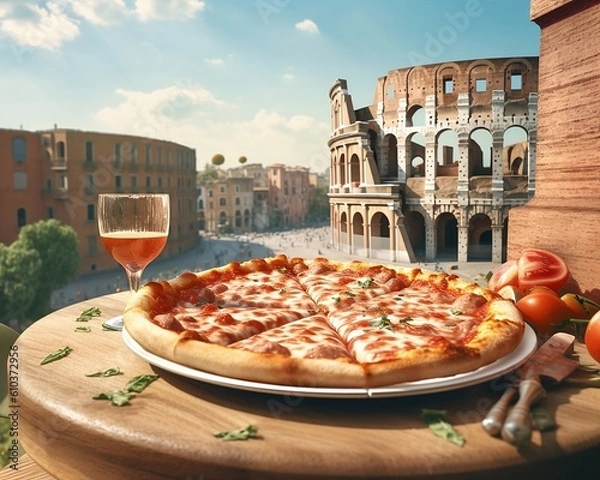 Obraz tasty Italian pizza with a view of the colosseum