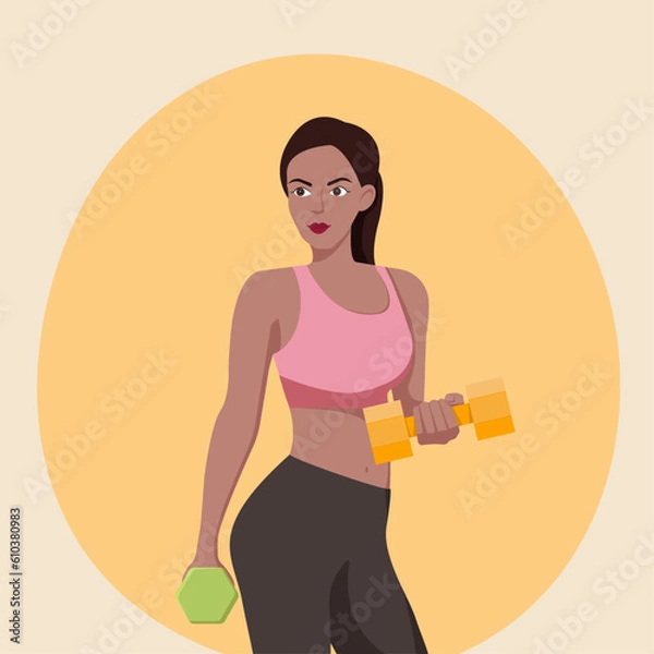 Fototapeta sport girl with dumbbells are doing exercises
