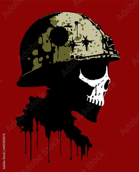 Fototapeta Concept: anti-war poster; No war; death at the front; the futility of war. Soldier of Fortune. Vector color illustration isolated in red. Human skull in a military helmet.