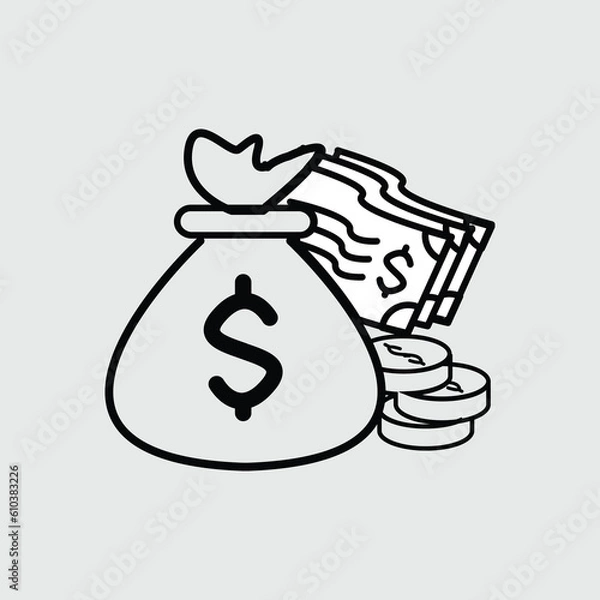 Fototapeta Bulk of money with a bunch of coins and dollars paper icon vector image