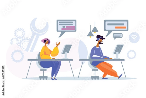 Fototapeta Help desk workers providing assistance and information to people. Client service team responding to inbound calls and electronic correspondence in company office. Vector illustration