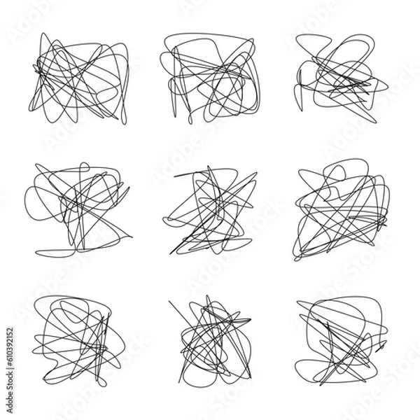 Fototapeta Set of scribble chaotic lines. Hand drawing insane tangled scribble clew. Vector icon isolated on white background.