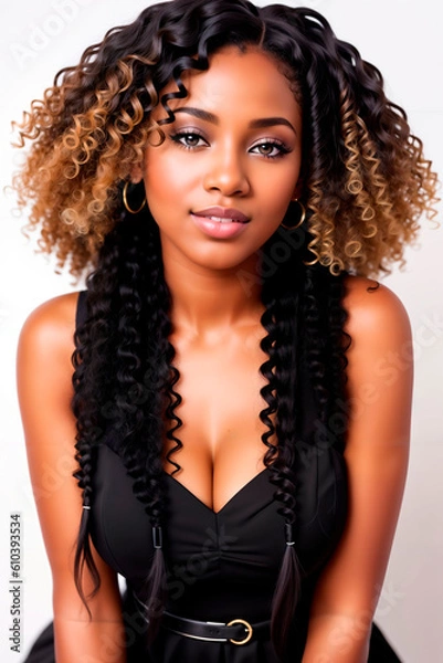 Fototapeta African american girl with long and shiny wavy hair on white background. Beautiful model with curly hairstyle. Generative AI.