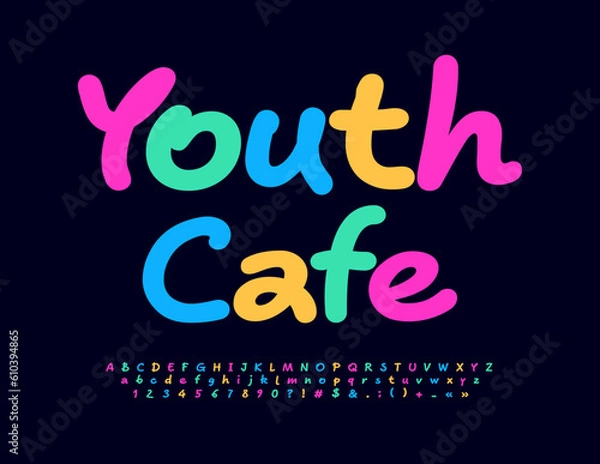 Fototapeta Vector colorful Emblem Youth Cafe. Bright Funny Font. Trendy Alphabet Letters and Numbers