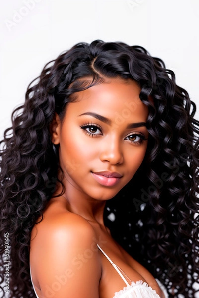 Fototapeta African american girl with long and shiny wavy hair on white background. Beautiful model with curly hairstyle. Generative AI.