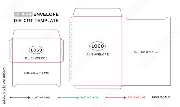 Fototapeta Envelope die cut template for standard size A4 and DL
