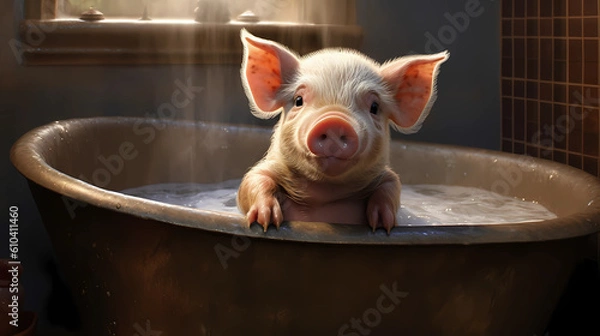 Fototapeta Little piglet washing. Generative AI