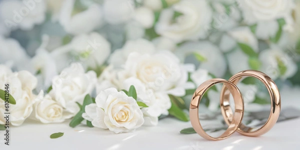 Fototapeta Wedding rings and white roses background. Wedding bands banner, website header, wedding invitation. Generative AI.