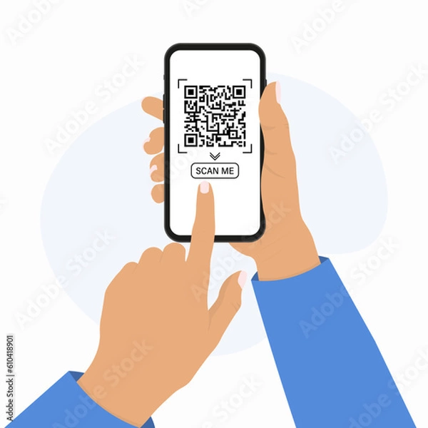 Obraz QR code scanning concept banner. Male hand holding Mobile phone with qr code on screen. Flat style illustration. 
