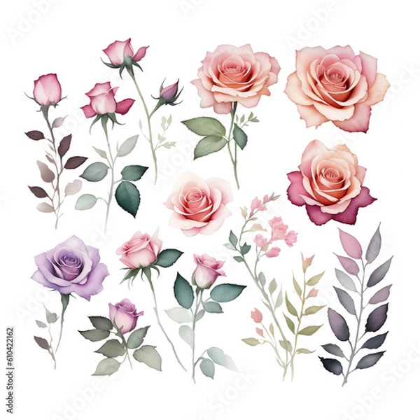 Fototapeta Watercolor set, roses. Elements of buds and flowers on a white background. For postcards, invitations and packaging. Generative AI