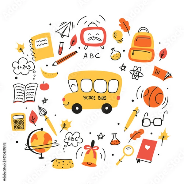 Fototapeta set of doodles elements for school, doodle school, school theme, school doodles, inscription in a notebook, training, lessons, time for training, Set of school tools, set of education icons