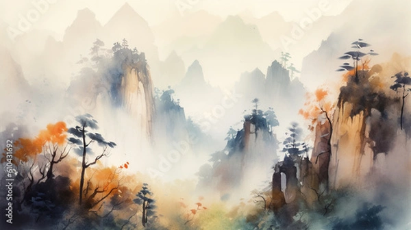 Fototapeta Watercolor landscape of mountains in China. Created using Generative AI technology.