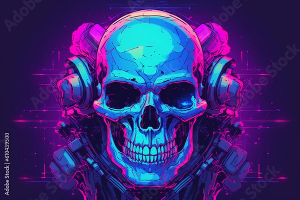Fototapeta Synthwave big blue skull. Generative ai