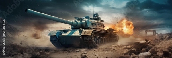 Fototapeta Old tank in the desert, in the style of intense action scenes, Illustration Generative AI.
